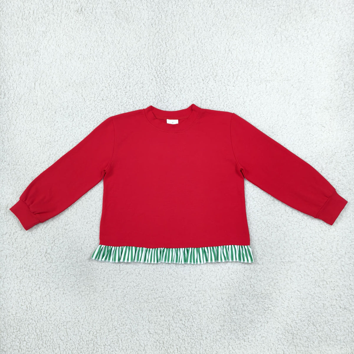 NEW RTS NO MOQ milk silk GT1935 Baby Girls Red Green Stripe Long Sleeve Ruffle T-shirts Top