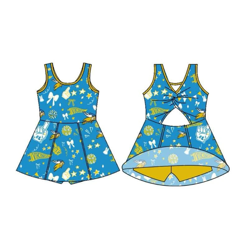 7.18Preorder (moq 5)Baby Girls Sleeveless Vikings Bows Football Team Shorts Dresses