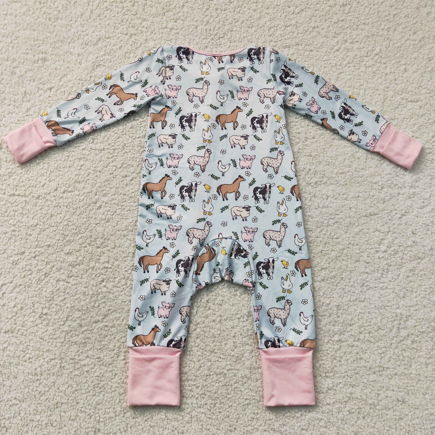 RTS NO MOQ milk silk LR2401 Baby Girls Long Sleeves Horses Chicks Farm Two Way Zip Convertible Rompers