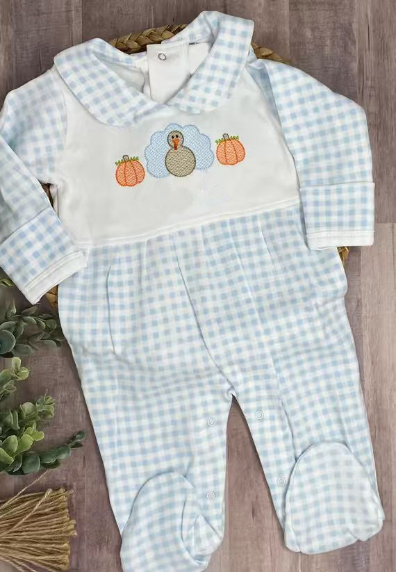 X827 LR2561 Blue Thanksgiving Plaid Pumpkin Toddler Clothes