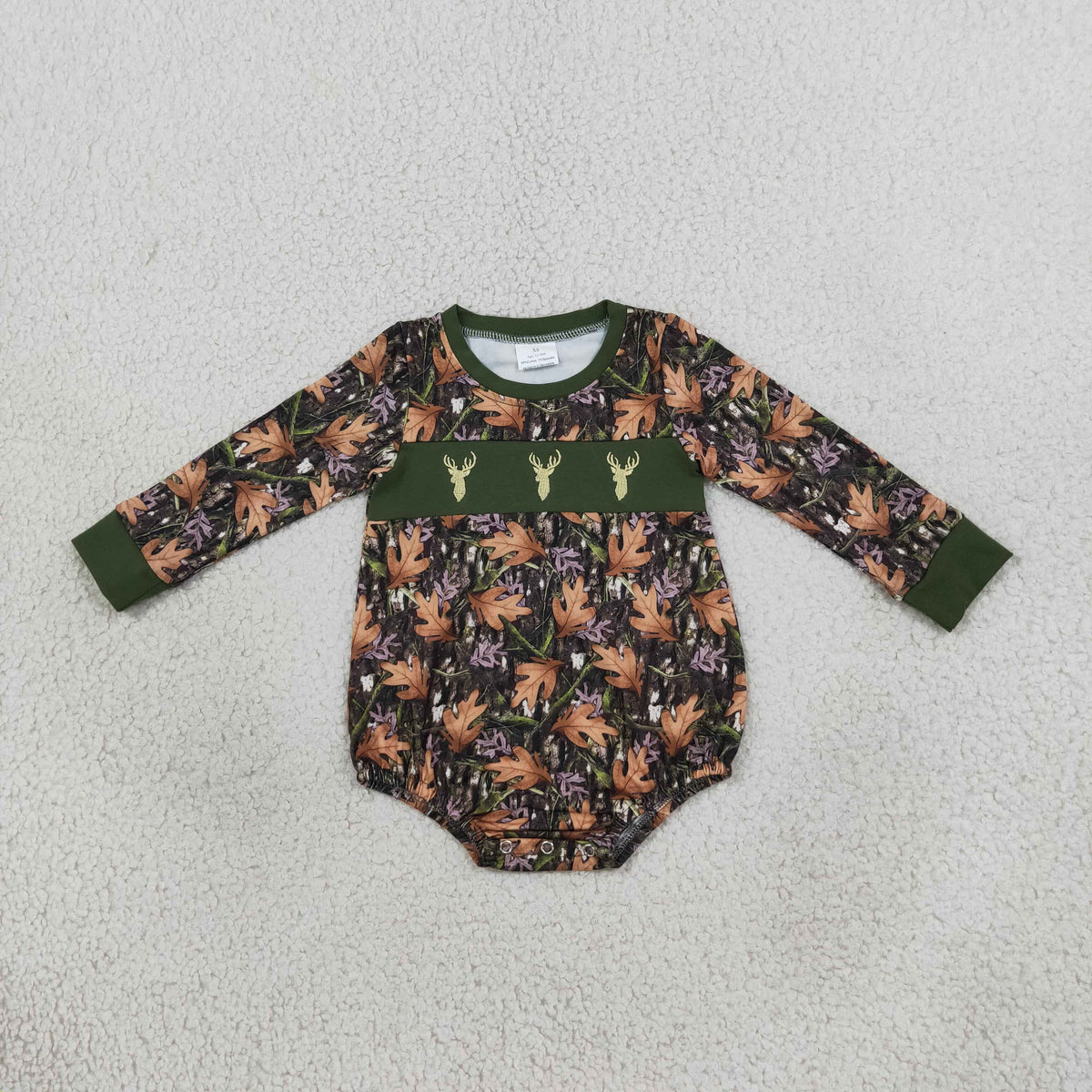 NEW RTS NO MOQ milk silk LR2729 Embroidery Deer Baby Boys Green Leaves Camo Bows Hunting Rompers