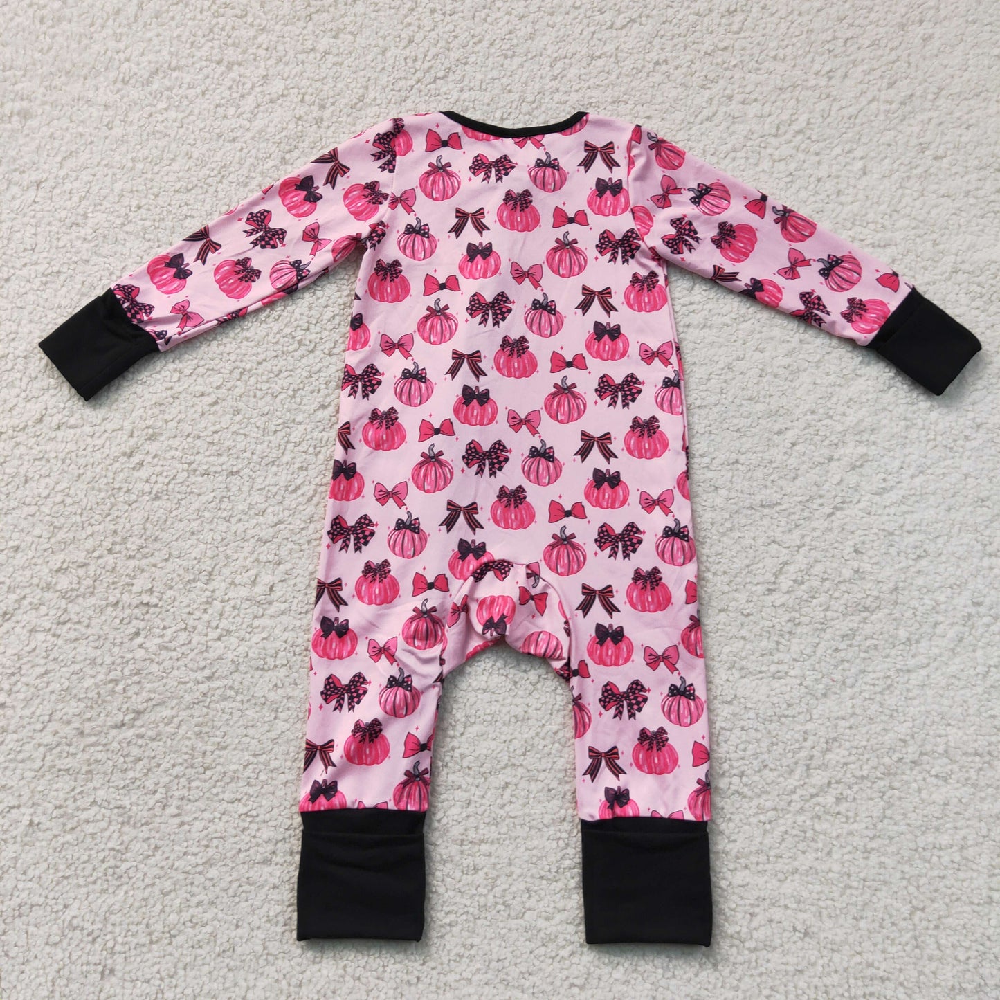 RTS NO MOQ milk silk LR3069 Baby Girls Pink Bows Pumpkins Fall Two Way Zip Convertible Rompers