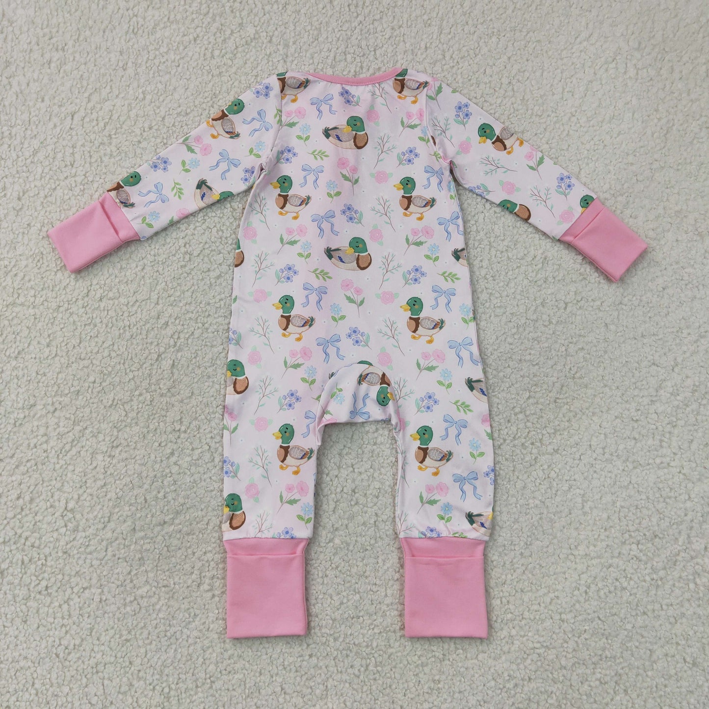RTS NO MOQ milk silk LR3071 Baby Girls Cute Floral Duck Long Sleeve Two Way Ruffle Zip Convertible Rompers