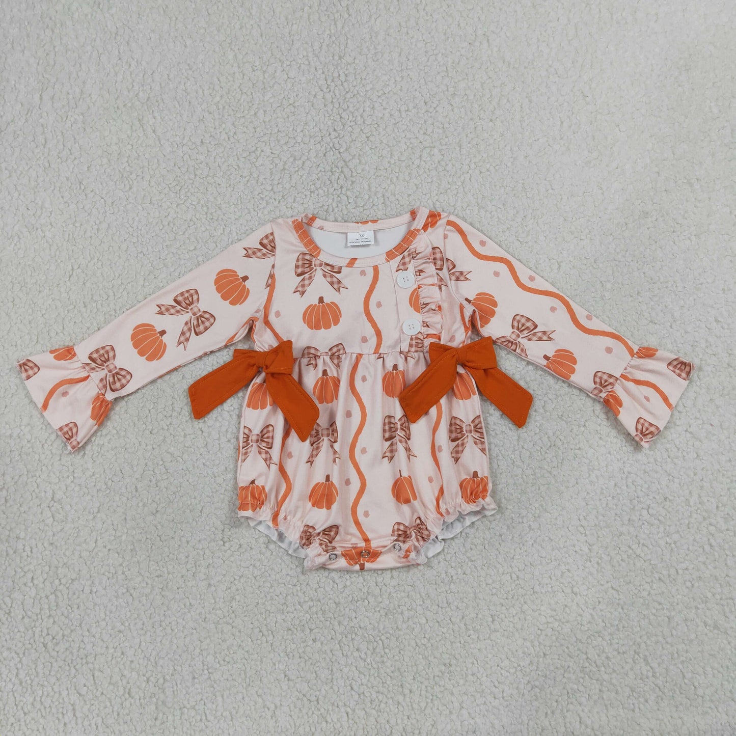 NEW RTS NO MOQ milk silk LR3083 Baby Girls Stripe Pumpkin Bow Long Sleeve Button Ruffle Hem Halloween Romper