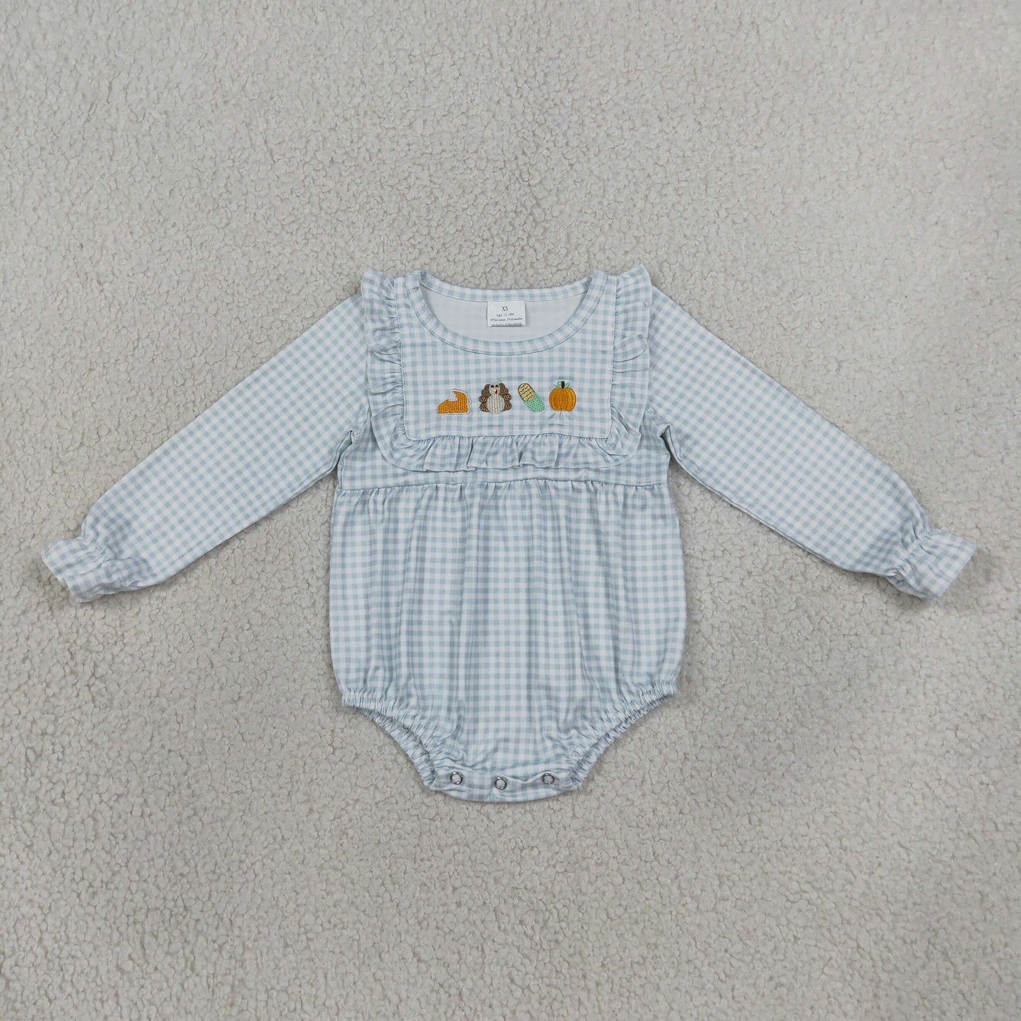 NEW RTS NO MOQ milk silk LR3104 Embroidery Turkey Pumpkins Baby Girls Thanksgiving Ruffle Rompers