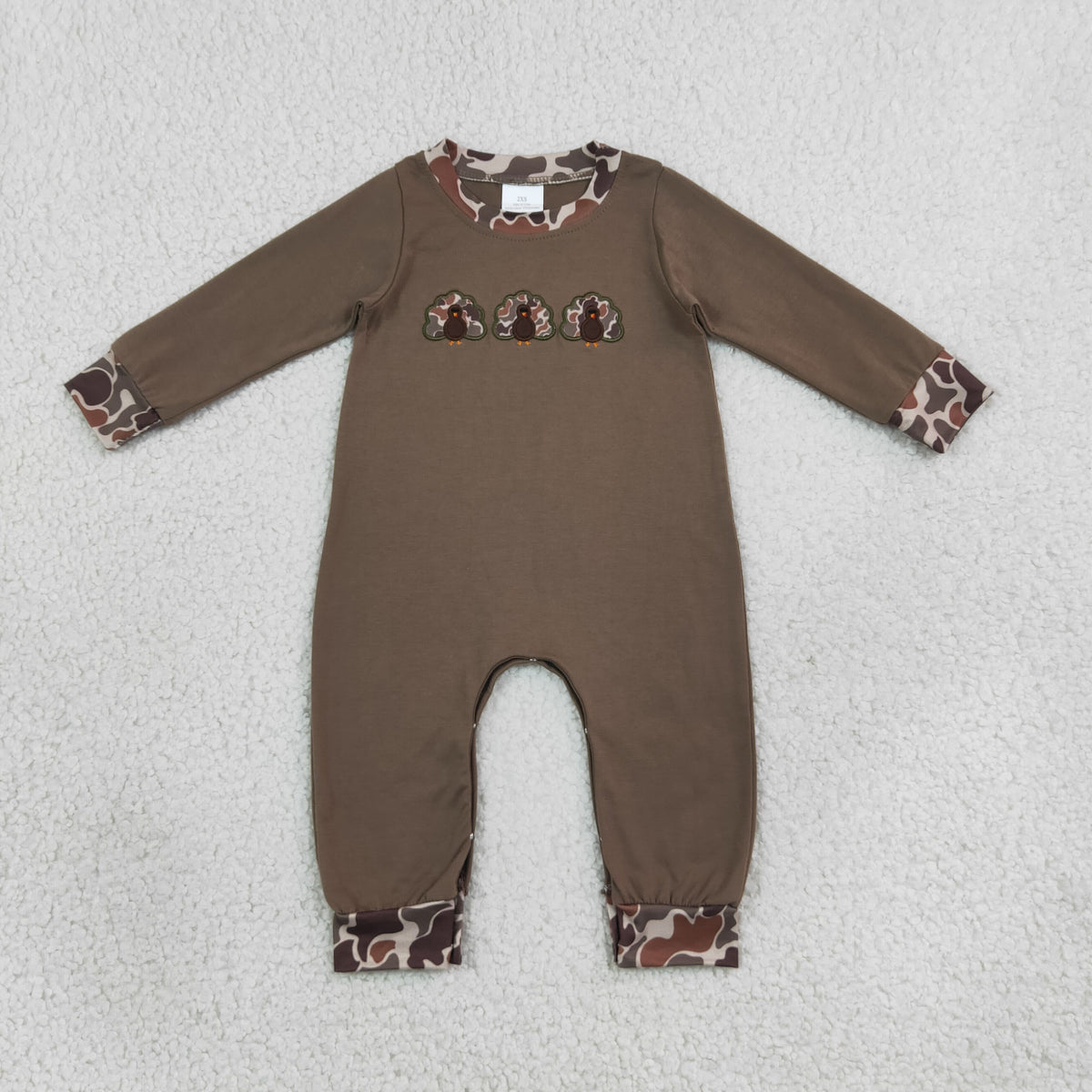 NEW RTS NO MOQ milk silk LR3108 Embroidery Turkey Baby Boys Brown Camo Thanksgiving Pant Rompers