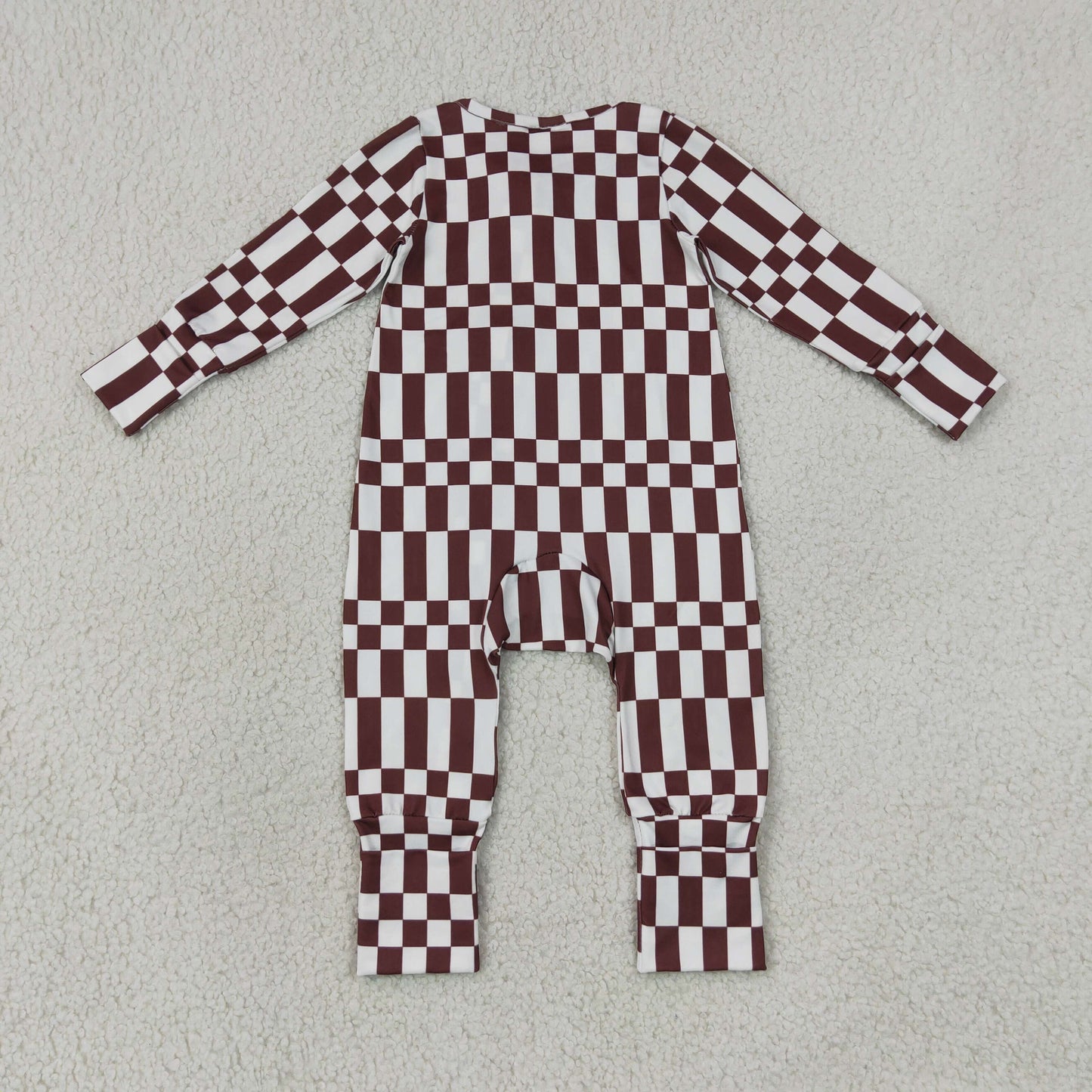 NEW RTS NO MOQ milk silk LR3114 Baby Boys Maroon Check Long Sleeve Two Way Zipper Rompers