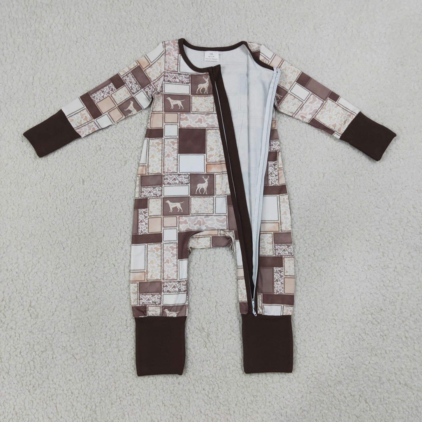 NEW RTS NO MOQ milk silk LR3118 Baby Boys Wild Ducks Dogs Deer Animal Camo Print Two Way Full Zip Convertible Long Sleeve Romper