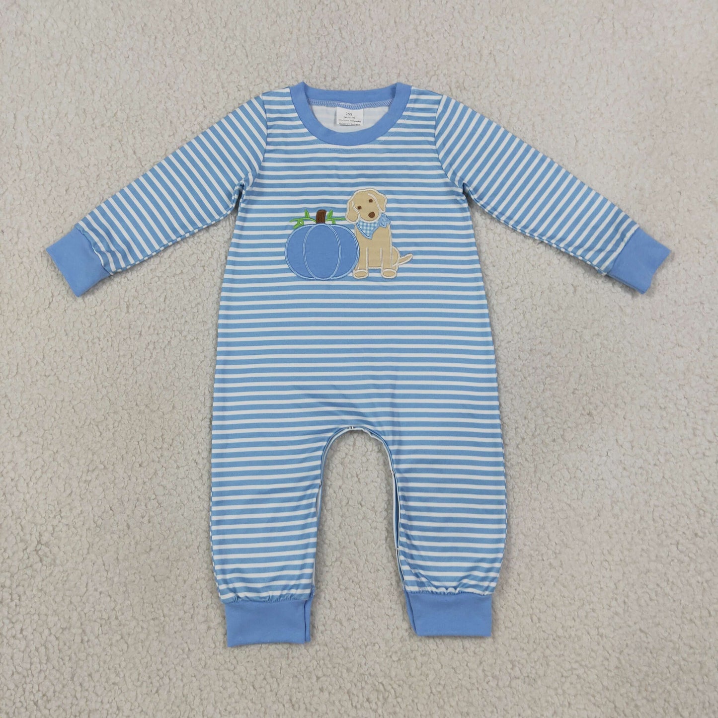 NEW RTS NO MOQ milk silk LR3141 Embroidery Pumpkins Dogs Baby Boys Blue Stripe Fall Pant Rompers