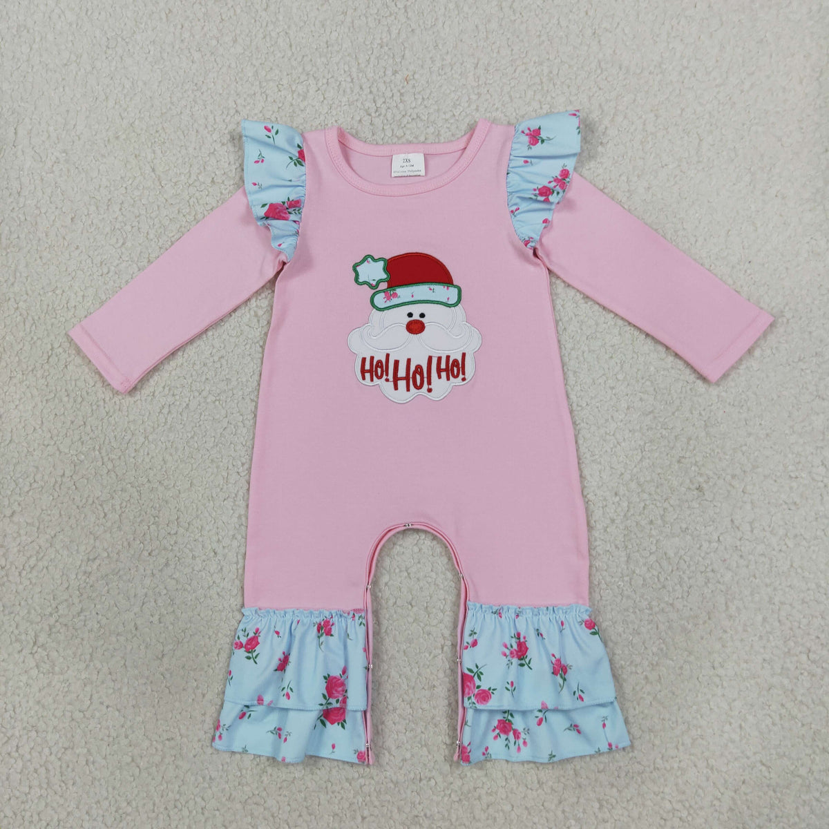 NEW RTS NO MOQ milk silk LR3215 Embroidery Flowers Santa Baby Girls Christmas Ruffle Pant Rompers