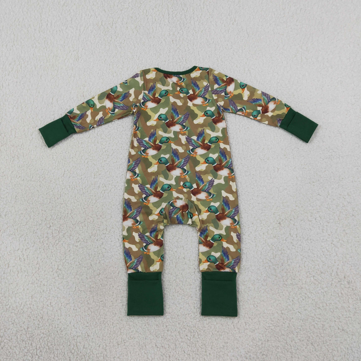 NEW RTS NO MOQ milk silk LR3249 Baby Boys Green Camo Ducks Hunting Two Way Zip Convertible Rompers