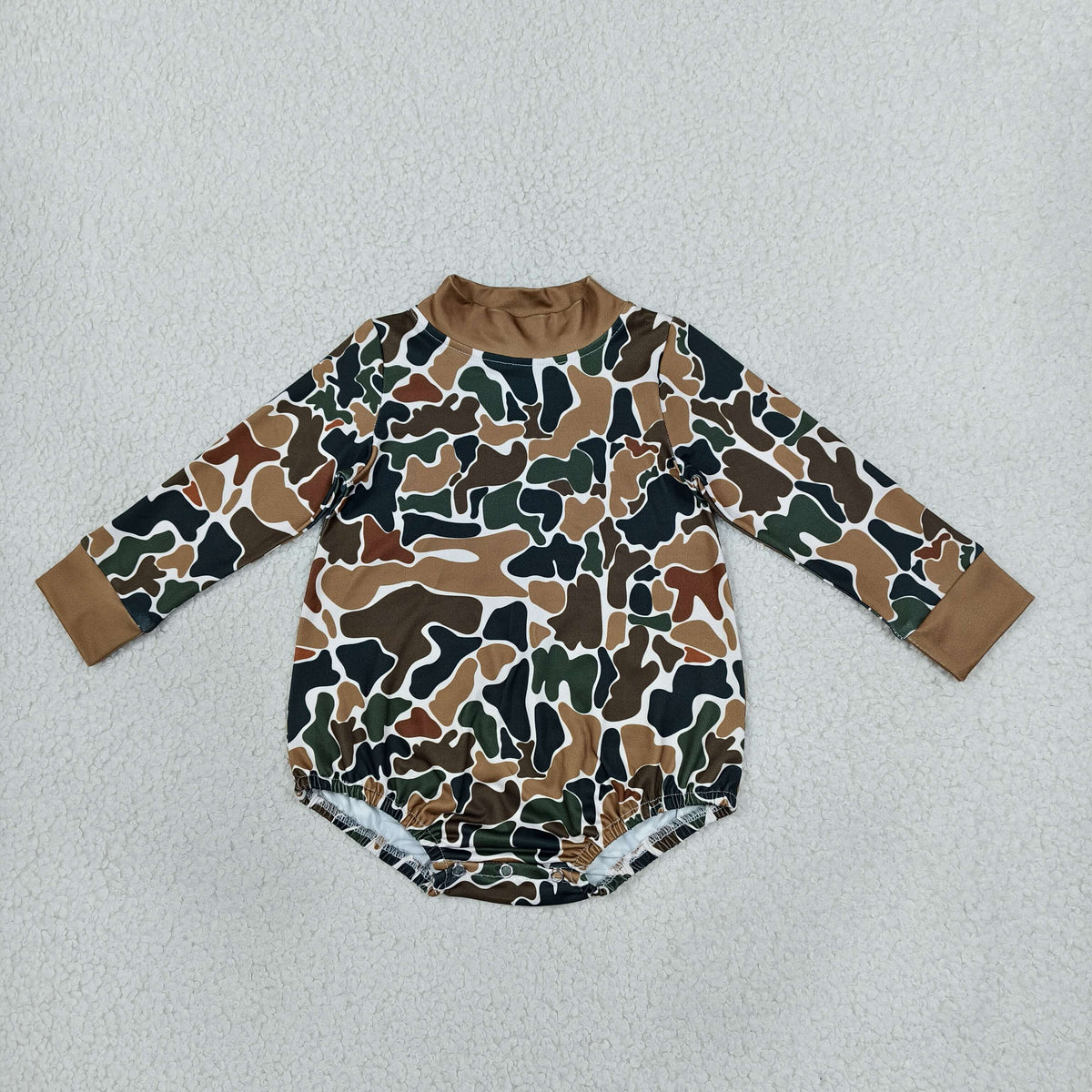 NEW RTS NO MOQ milk silk LR3261 Baby Boys Long Sleeve Dark Brown Camo Choker Rompers