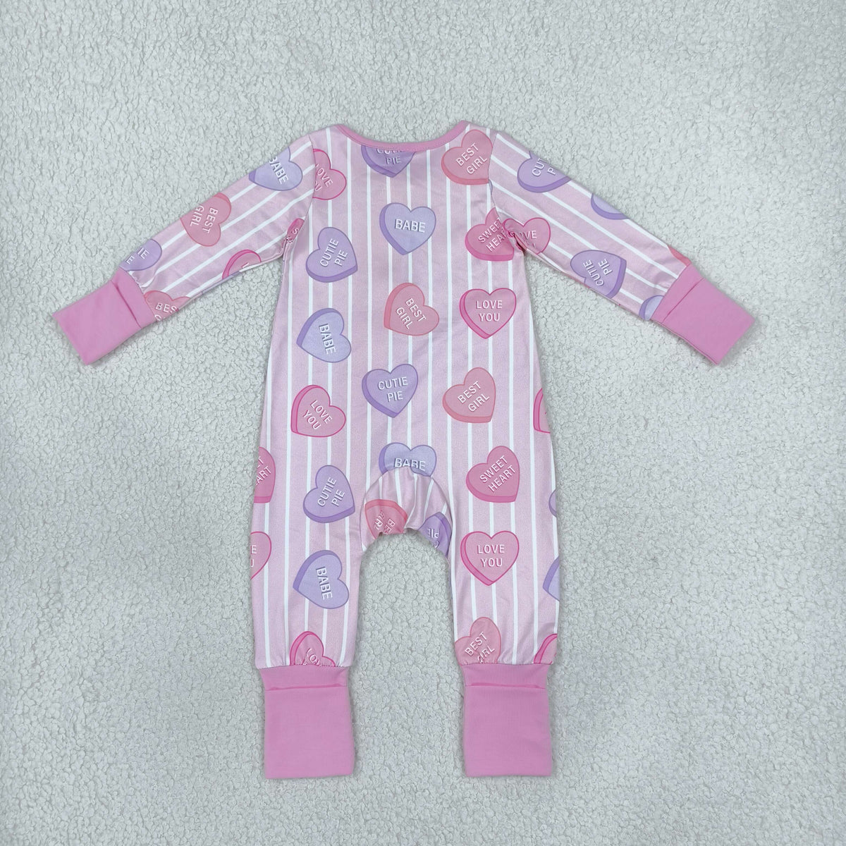 NEW RTS NO MOQ milk silk LR3325 Baby Girls Pink Stripe LOVE YOU Hearts Valentines Two Way Zip Convertible Rompers