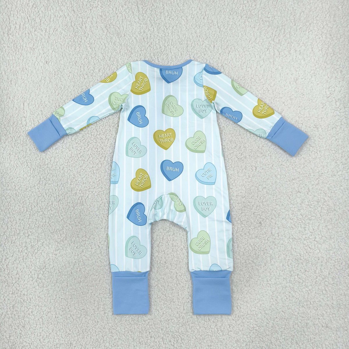 NEW RTS NO MOQ milk silk LR3326 Baby Boys Blue Stripe LOVE YOU Hearts Valentines Two Way Zip Convertible Rompers