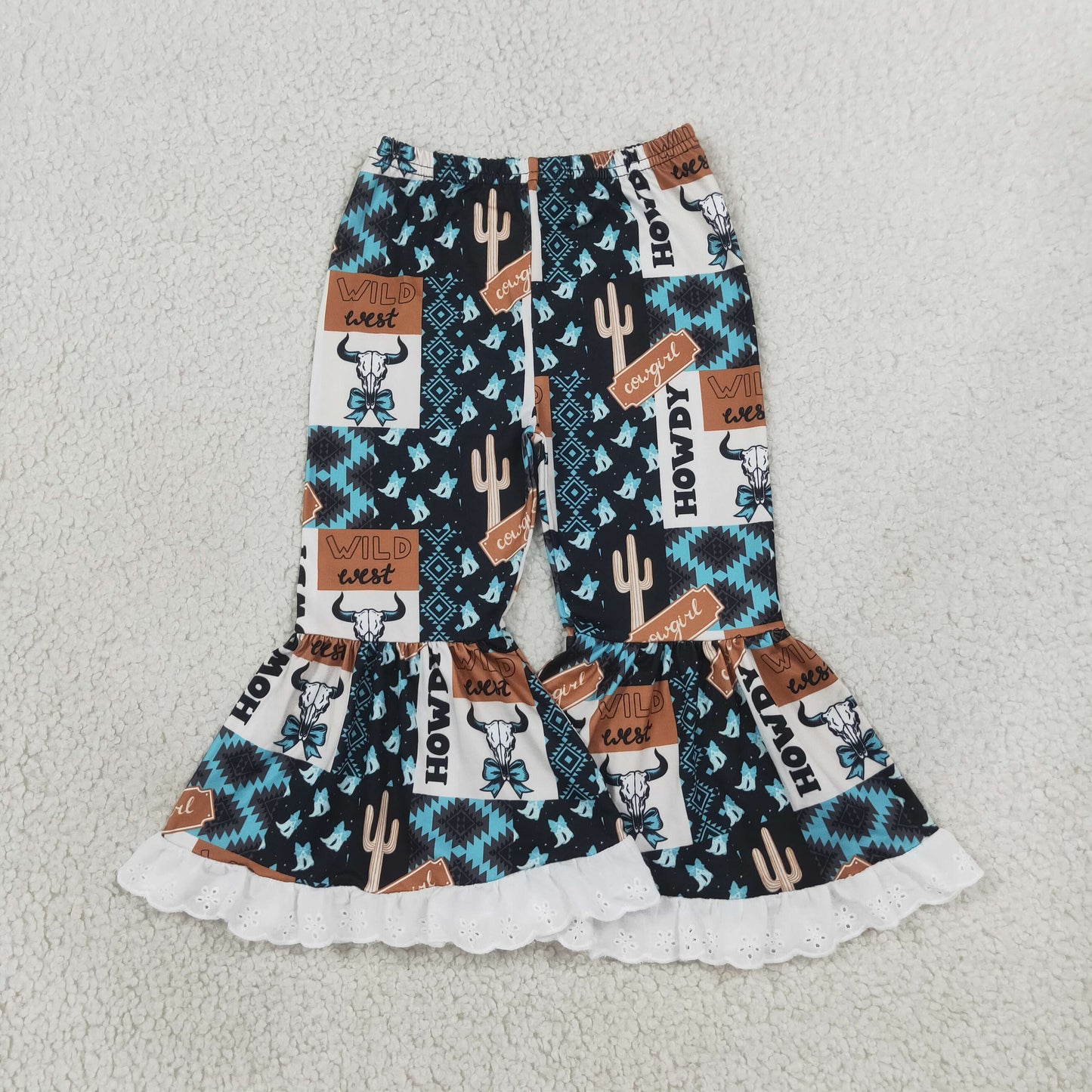 NEW RTS NO MOQ milk silk P0781 Baby Girls Blue Aztec Bow Bull Skull Plaid Bell Bottom Pants