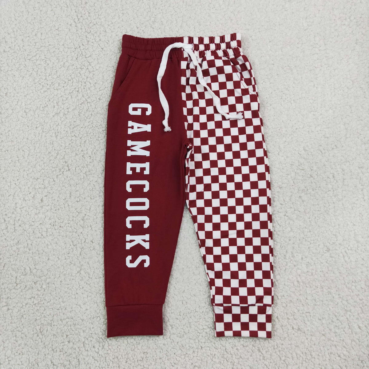 NEW RTS NO MOQ Vinyl P1064 Baby Boys Red Checked Vinyl Team Pockets Jogger Pants Bottom