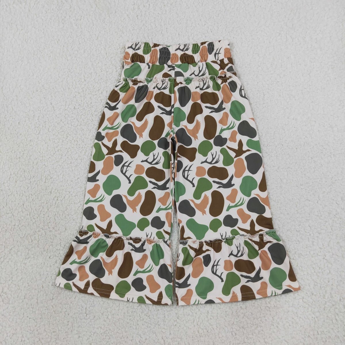 NEW RTS NO MOQ milk silk P1065 Baby Girls Green Brown Camo Deer Ducks Hunting Ruffle Flare Pants Bottom