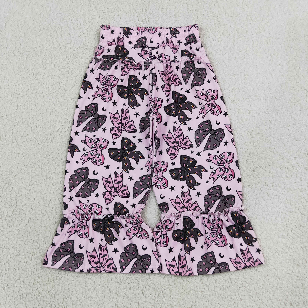 NEW RTS NO MOQ milk silk P1069 Baby Girls Black Pink Ghost Bows Stars Halloween Ruffle Flare Pants