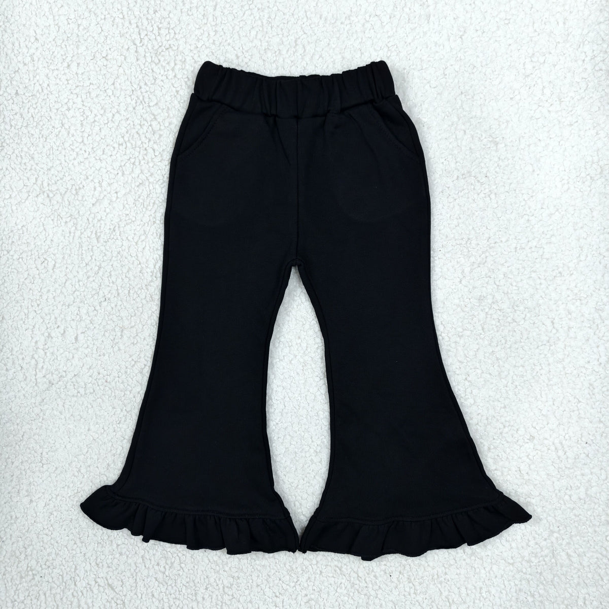 NEW RTS NO MOQ fleece P1072 NEW RTS NO MOQ fleece P1072 Baby Girls Black Sweater Fabric Ruffle Flare Pants Bottom