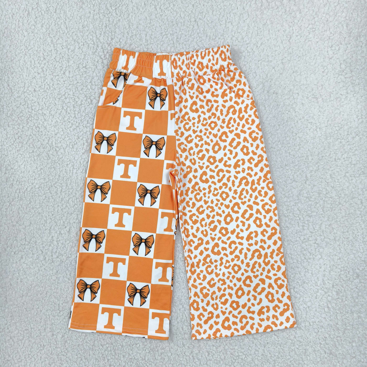 NEW RTS NO MOQ milk silk P1121 Baby Girls Bows Leopard Team Pockets Flare Pants Bottom