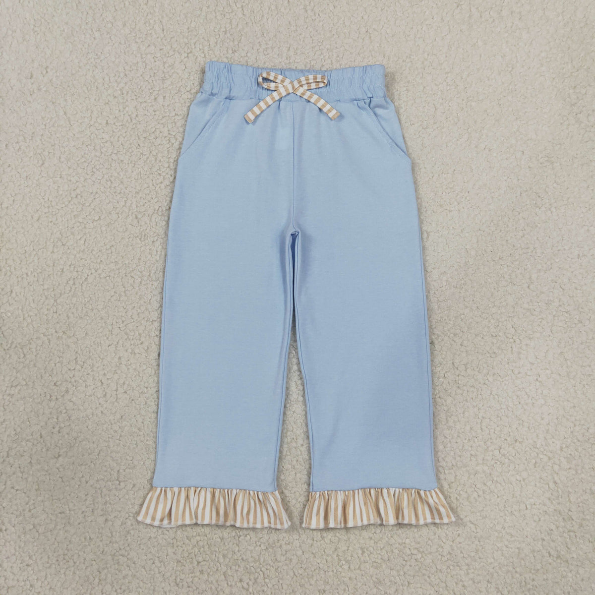 NEW RTS NO MOQ milk silk P1152 Baby Girls Light Blue Bow Pockets Ruffle Pants Bottom