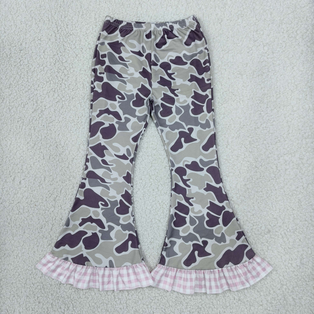 NEW RTS NO MOQ No moq milk silk P1184 Baby Girls Southern Grey Camo Ruffle Flare Pants Bottom