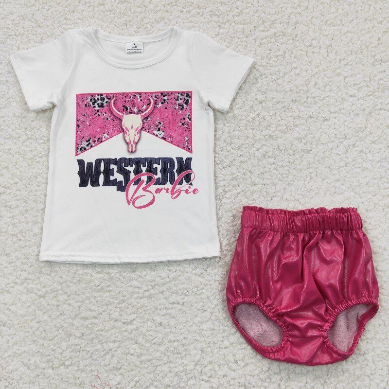 4.19western girl bummies sets leather shorts & shirt baby kids clothes