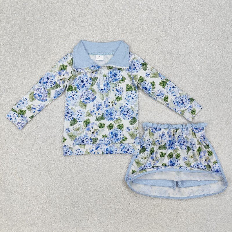 3.11GLD1016 Hydrangea leaf blue and white zipper long sleeve lace skirt suit