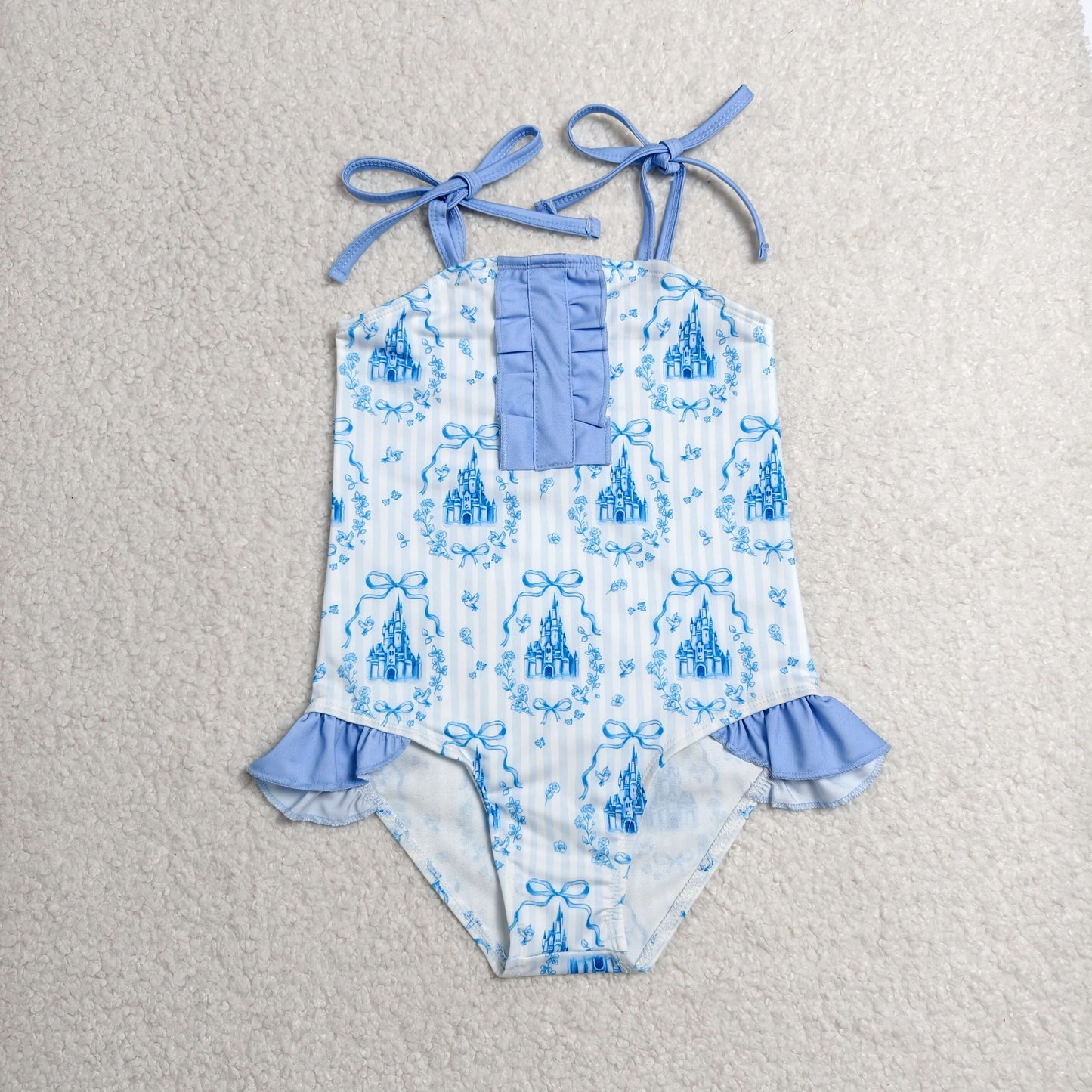 RTS NO MOQ milk silk S0753 Baby Girls Strap Blue Stripe Bows Castles Swimsuits