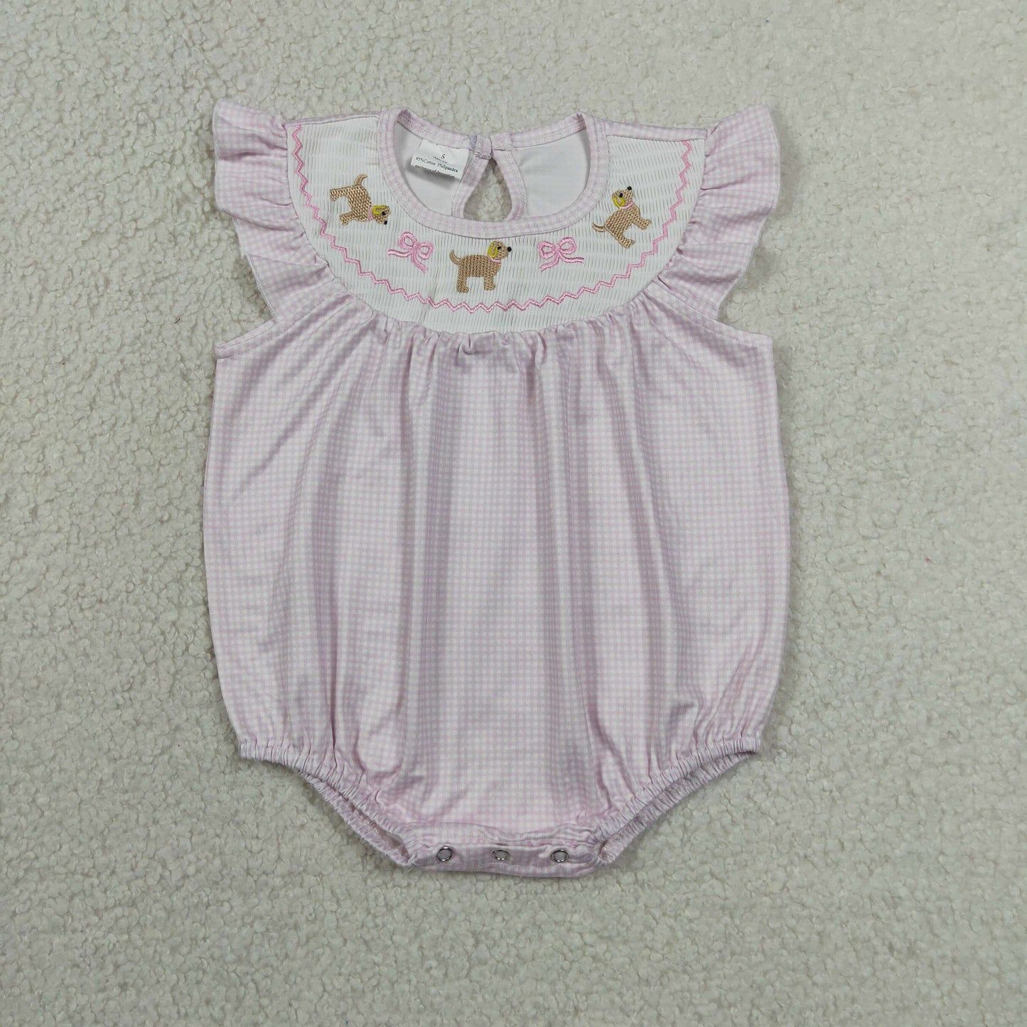 RTS NO MOQ milk silk SR3316 Smocked Dogs Bows Baby Girls Flutter Sleeve Ruffle Rompers
