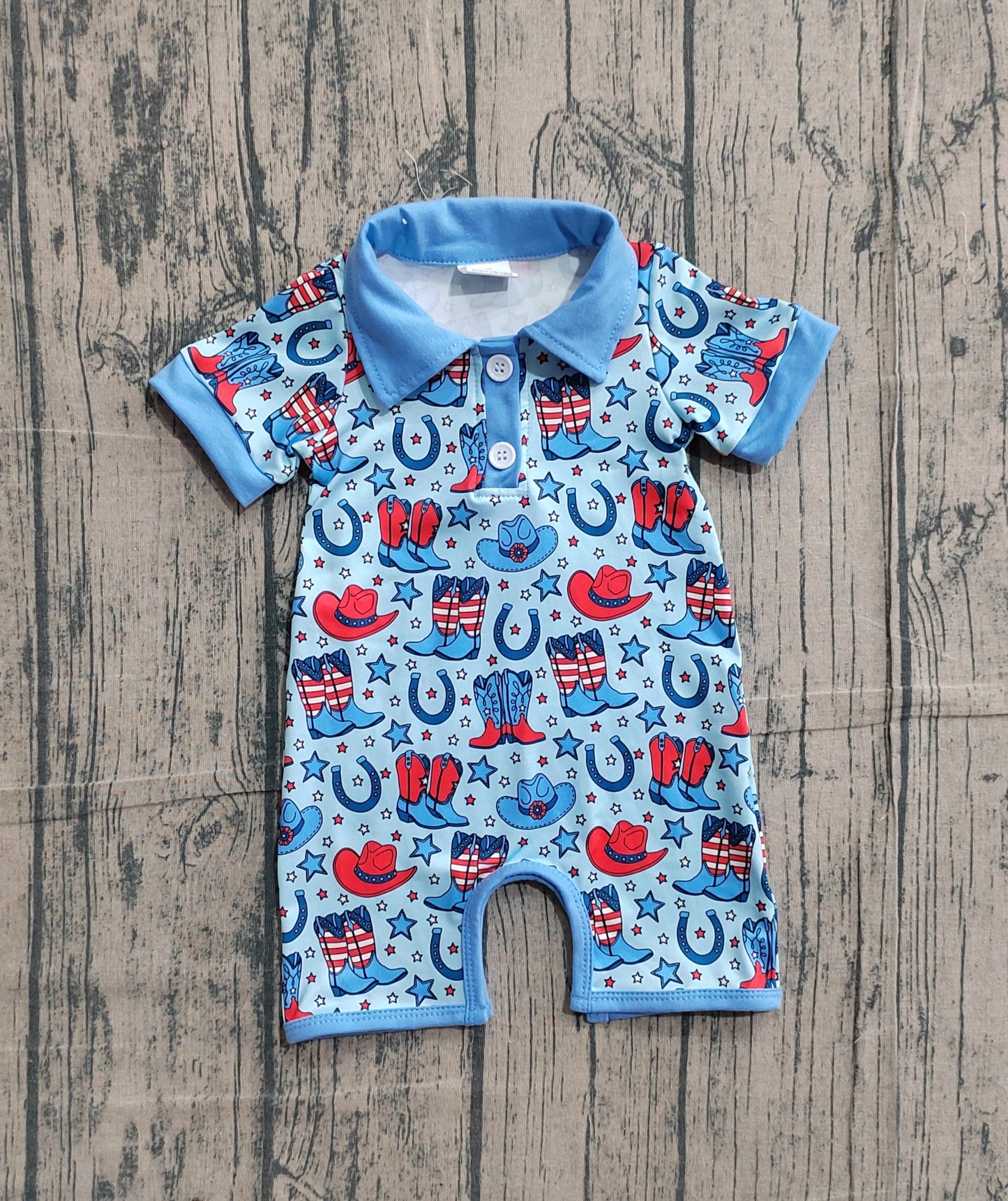 SR3884Baby Boys Short Sleeve Star Hat Boots 4th of July Western Button Rompers