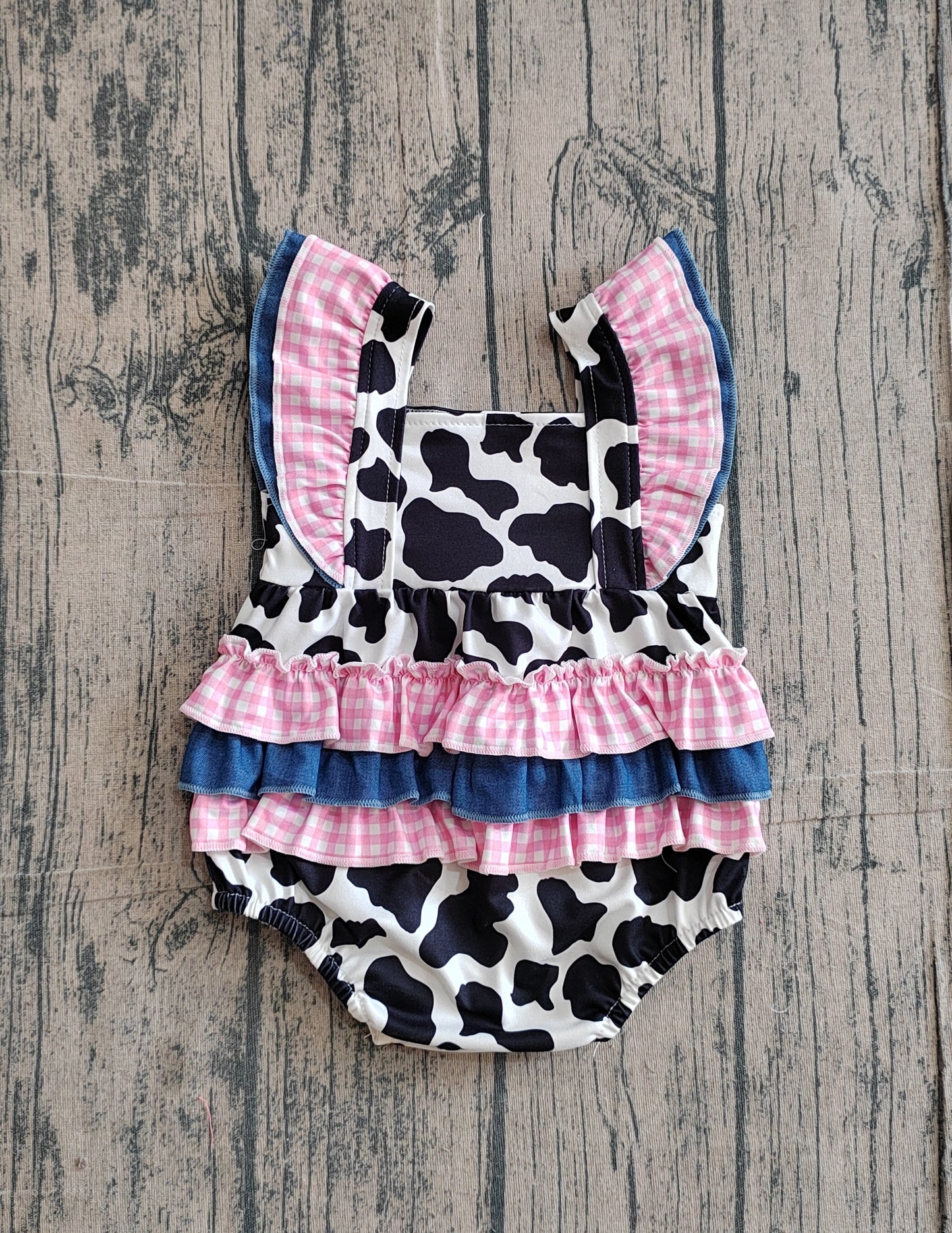SR3898Baby Girls Flutter Sleeve Western Cow Print Ruffle Rompers