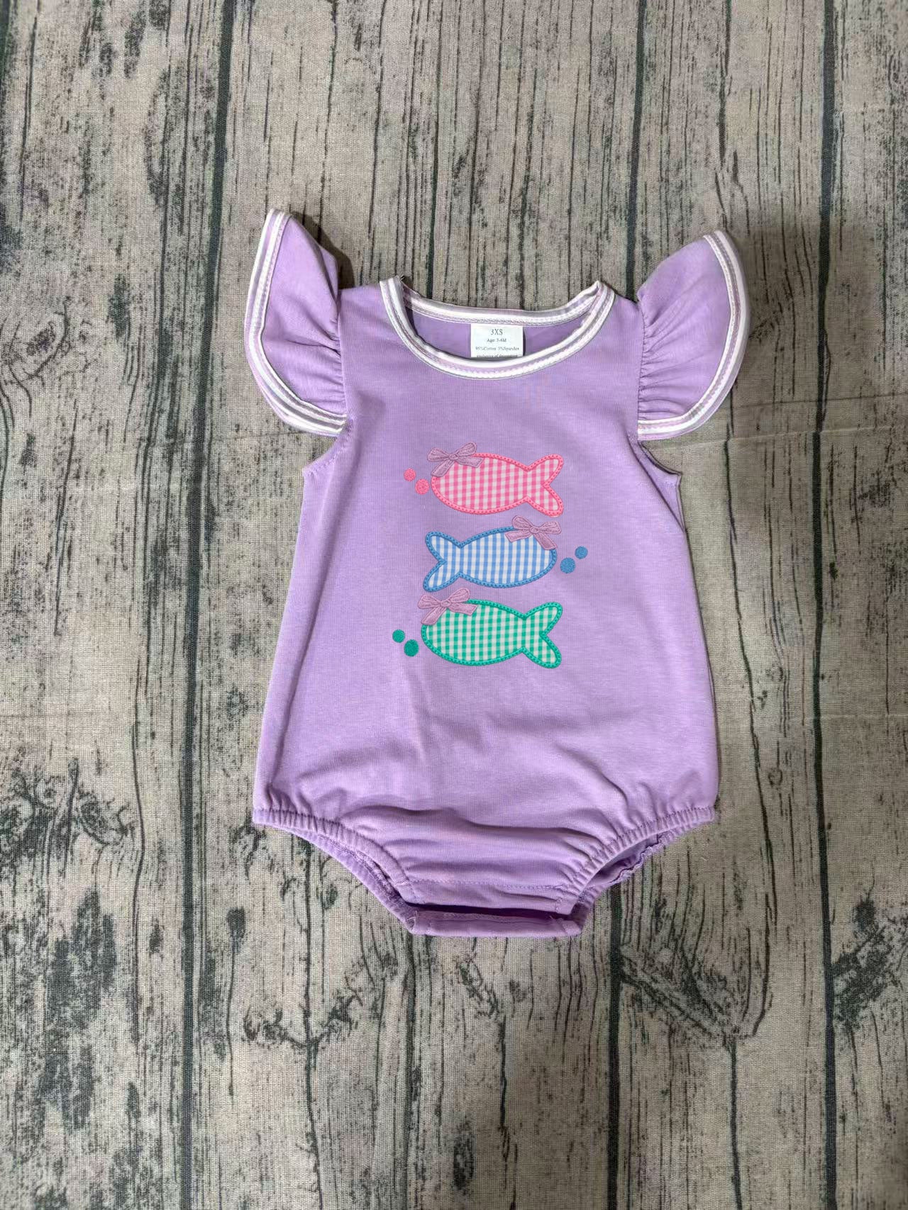 SR4006Embroidery Fishes Baby Girls Flutter Sleeve Hunting Ruffle Rompers Preorder