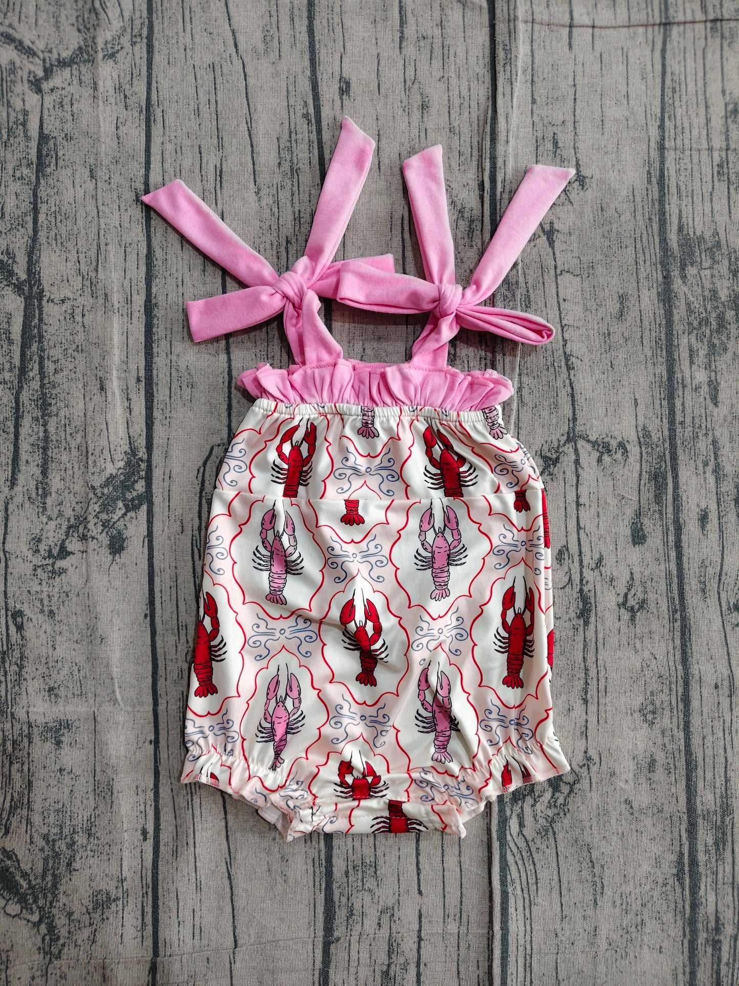 SR4032Baby Girls Strap Bows Crayfishes Checked Ruffle Rompers