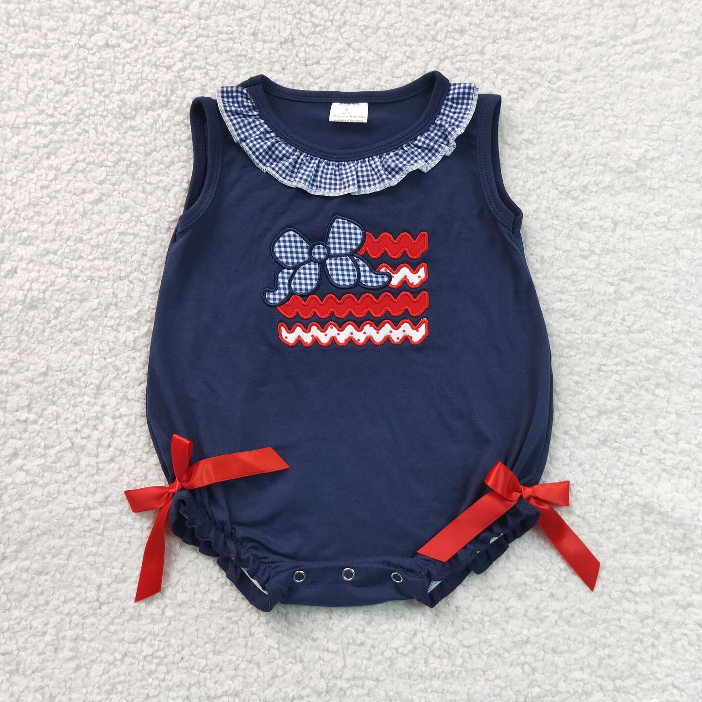 RTS NO MOQ milk silk SR4152 Embroidery Bows Flags Baby Girls Sleeveless 4th of July Ruffle Romper