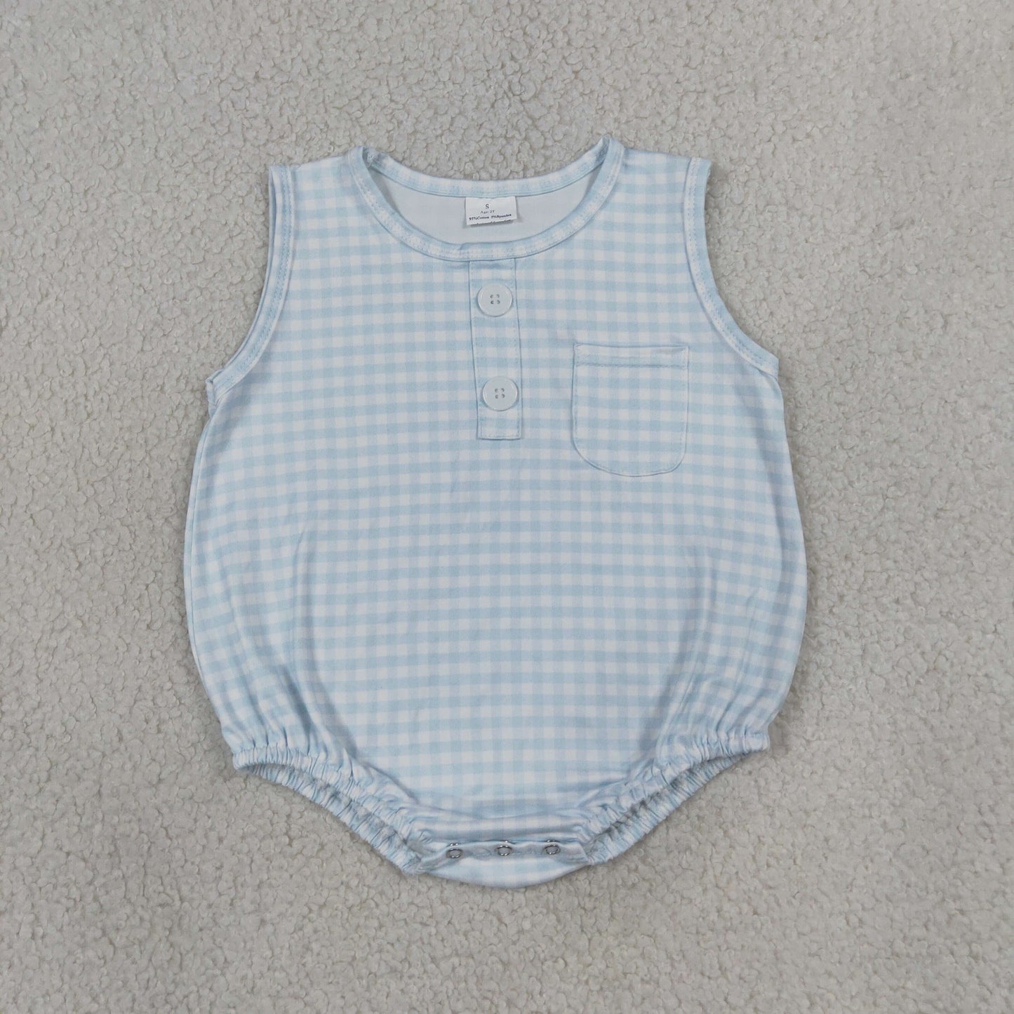 NEW RTS NO MOQ milk silk SR4232 Baby Kids Light Blue Check Sleeveless Button Pocket Rompers