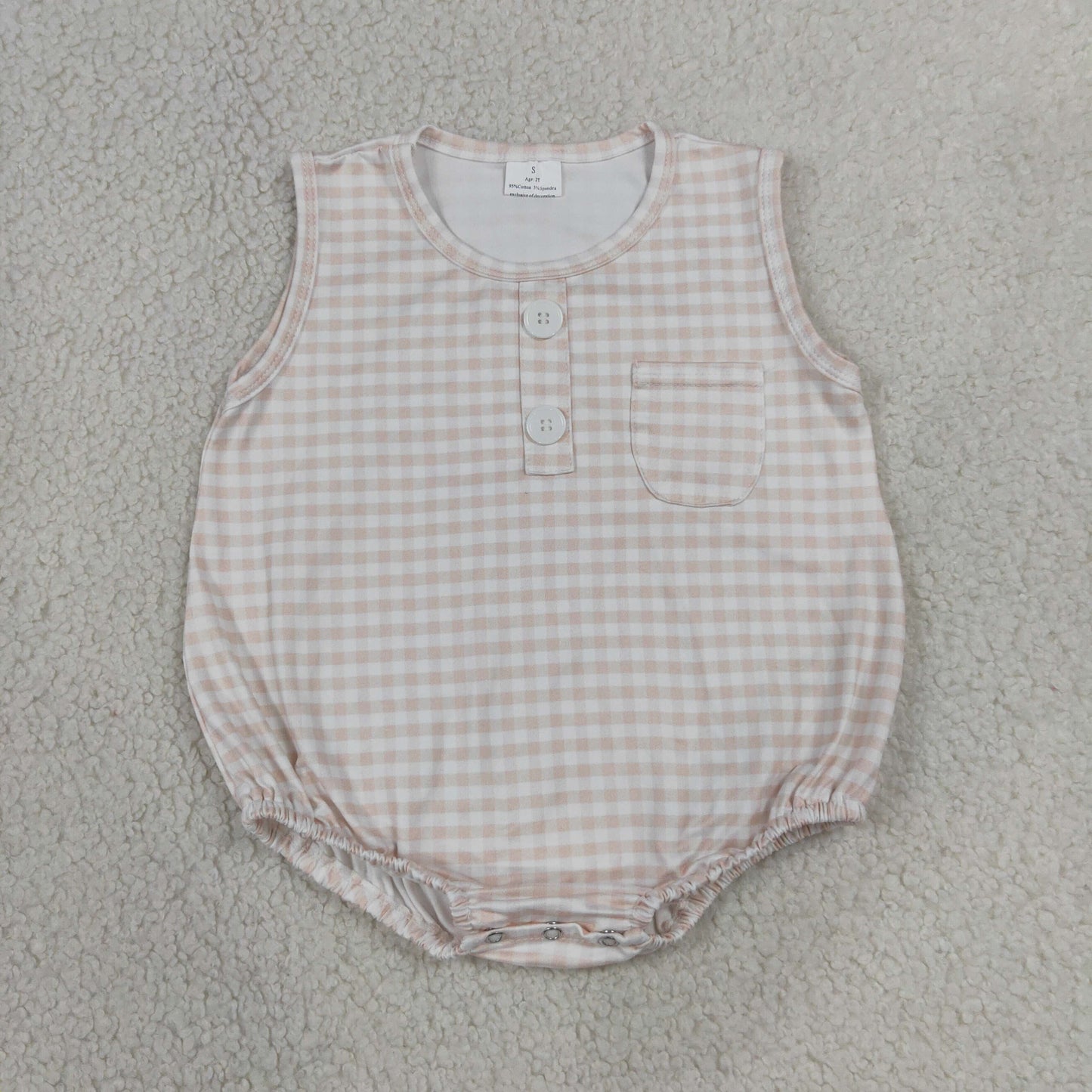NEW RTS NO MOQ milk silk SR4233 Baby Summer Light Pink Check Sleeveless Button Pocket Rompers