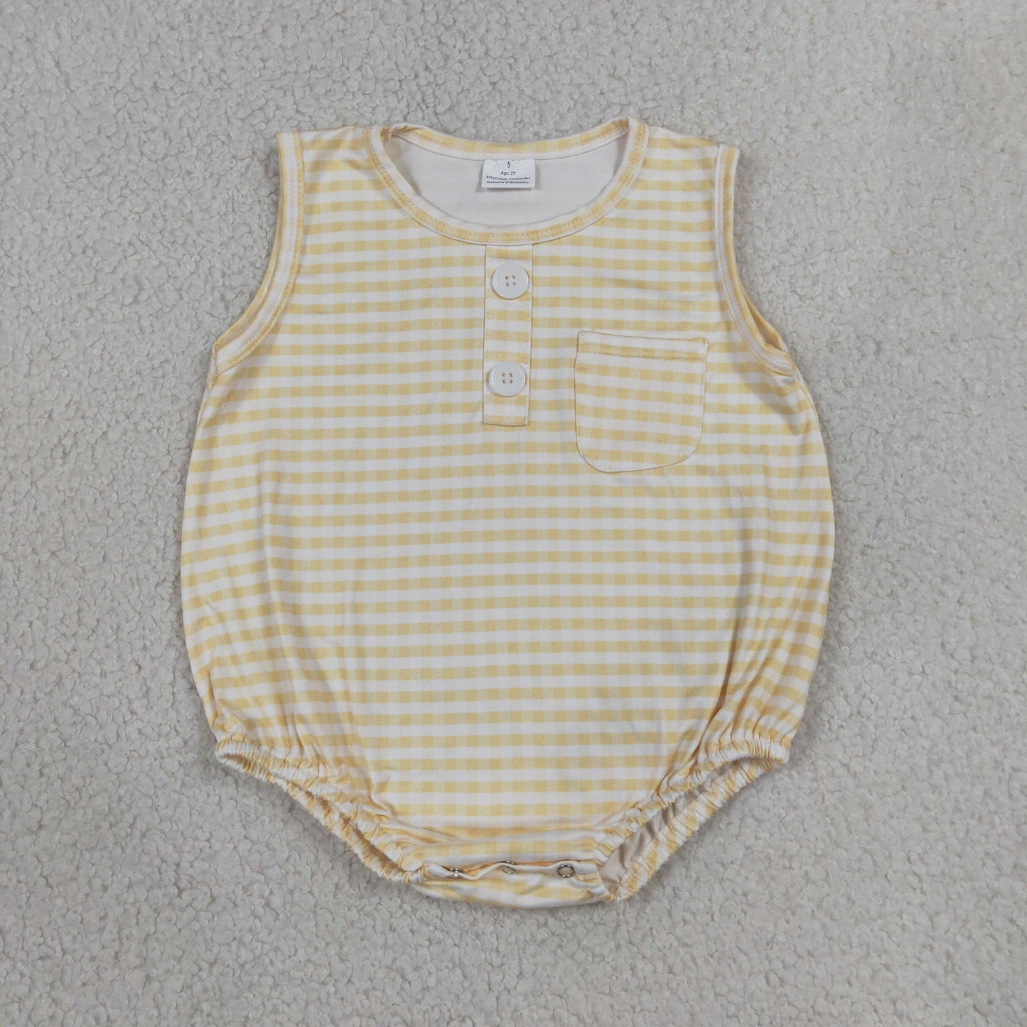 NEW RTS NO MOQ milk silk SR4236 Baby Kids Summer Yellow Check Sleeveless Button Pocket Rompers