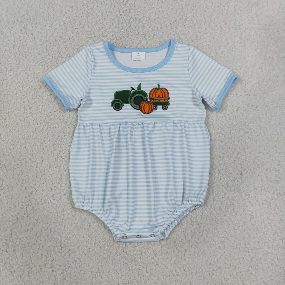 NEW RTS NO MOQ milk silk SR4286 Embroidery Pumpkins Truck Baby Boys Blue Stripe Fall Short Sleeve Rompers
