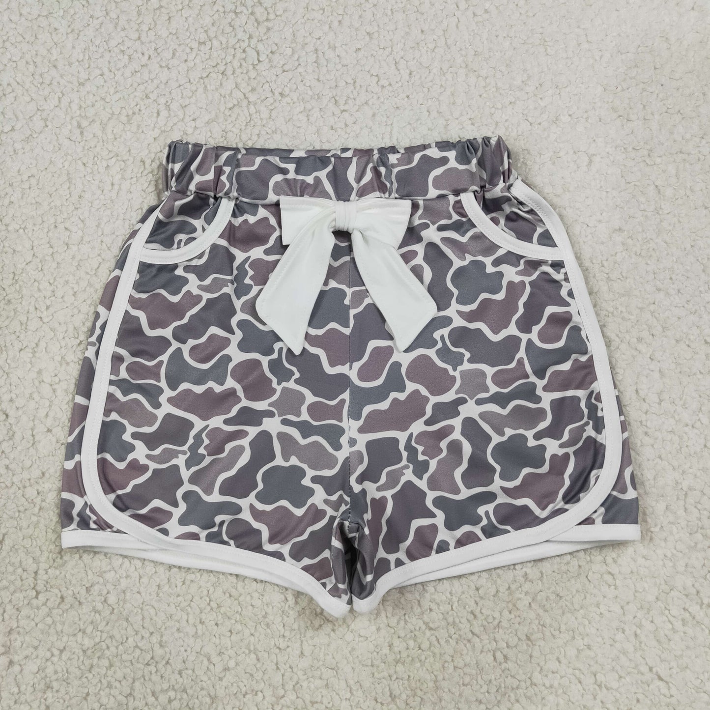 NEW RTS NO MOQ milk silk SS0688 Baby Girls Grey Camo Bow Pocket Shorts Casual Bottoms