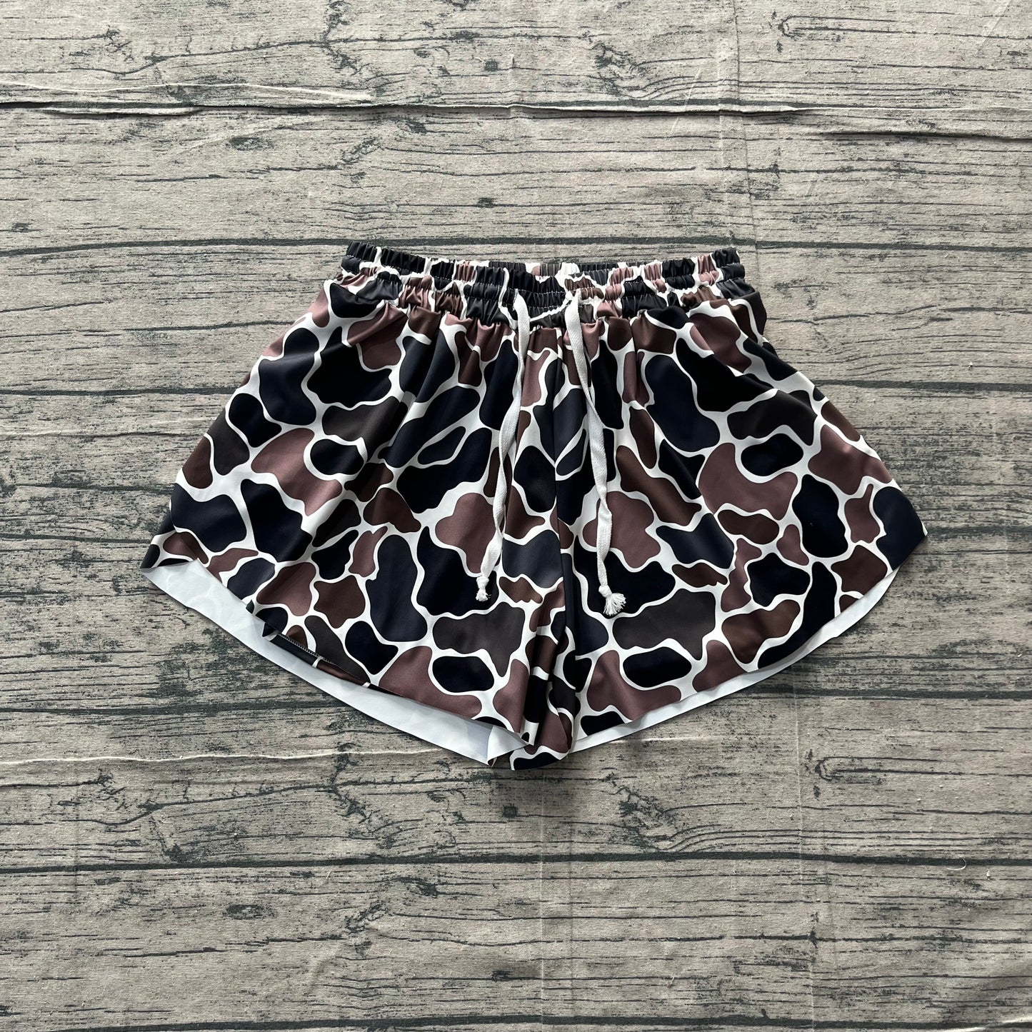 SS0768Adult Women Dark Brown Camo Yoga Active Shorts Ruffle Bottom Preorder