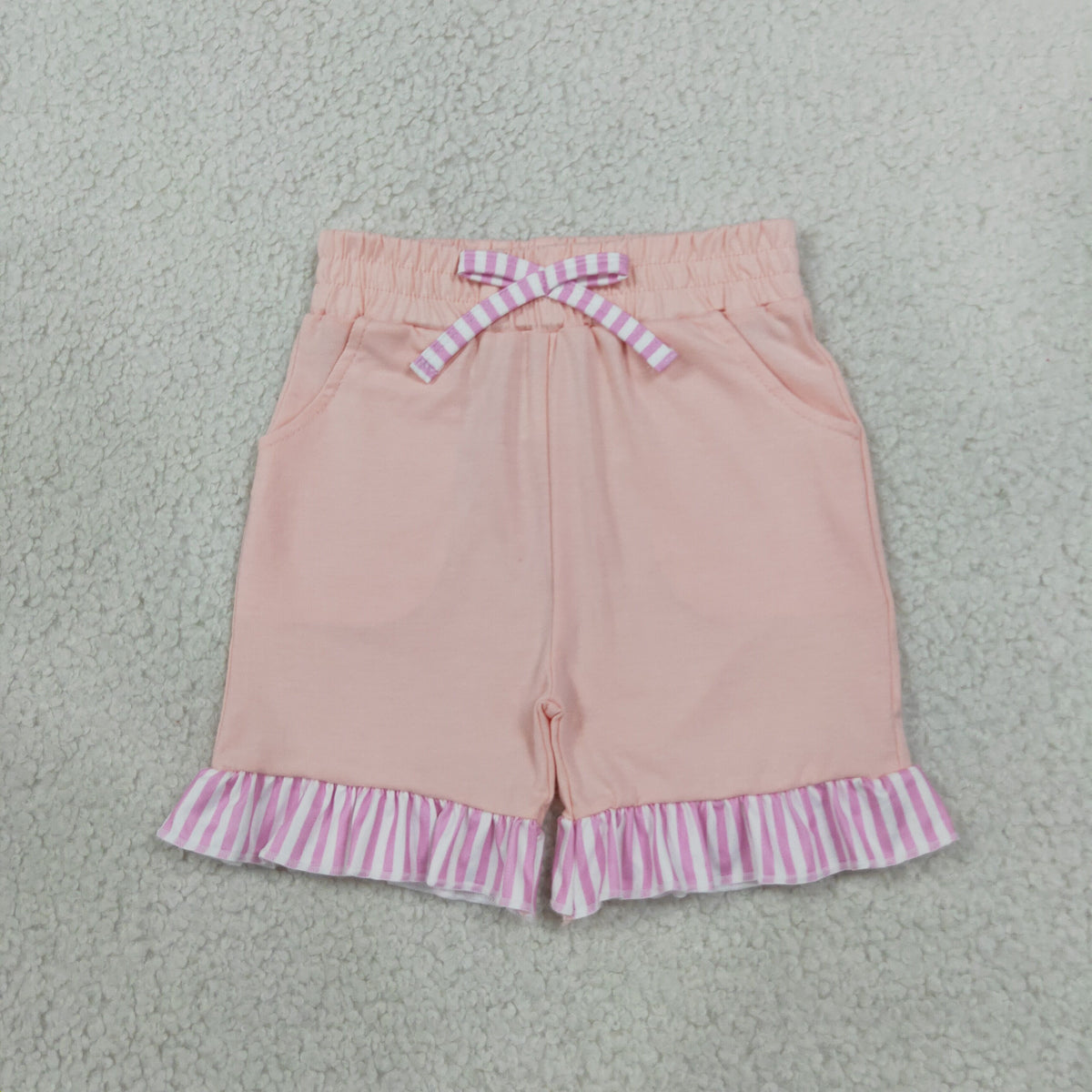 NEW RTS NO MOQ milk silk SS0996 Baby Girls Light Pink Stripe Bow Pockets Shorts Bottom