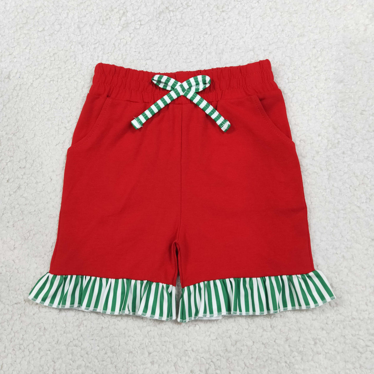 NEW RTS NO MOQ milk silk SS0997 Baby Girls Red Green Stripe Bow Pockets Shorts Bottom