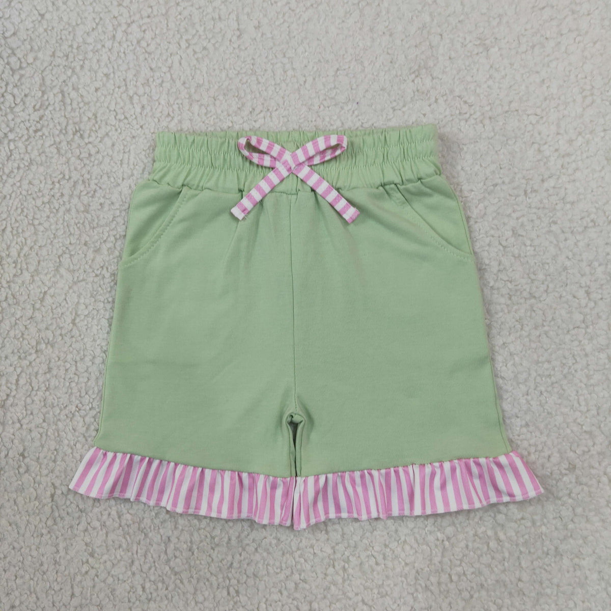 NEW RTS NO MOQ milk silk SS1000 Baby Girls Green Light Pink Stripe Bow Pockets Shorts Bottom