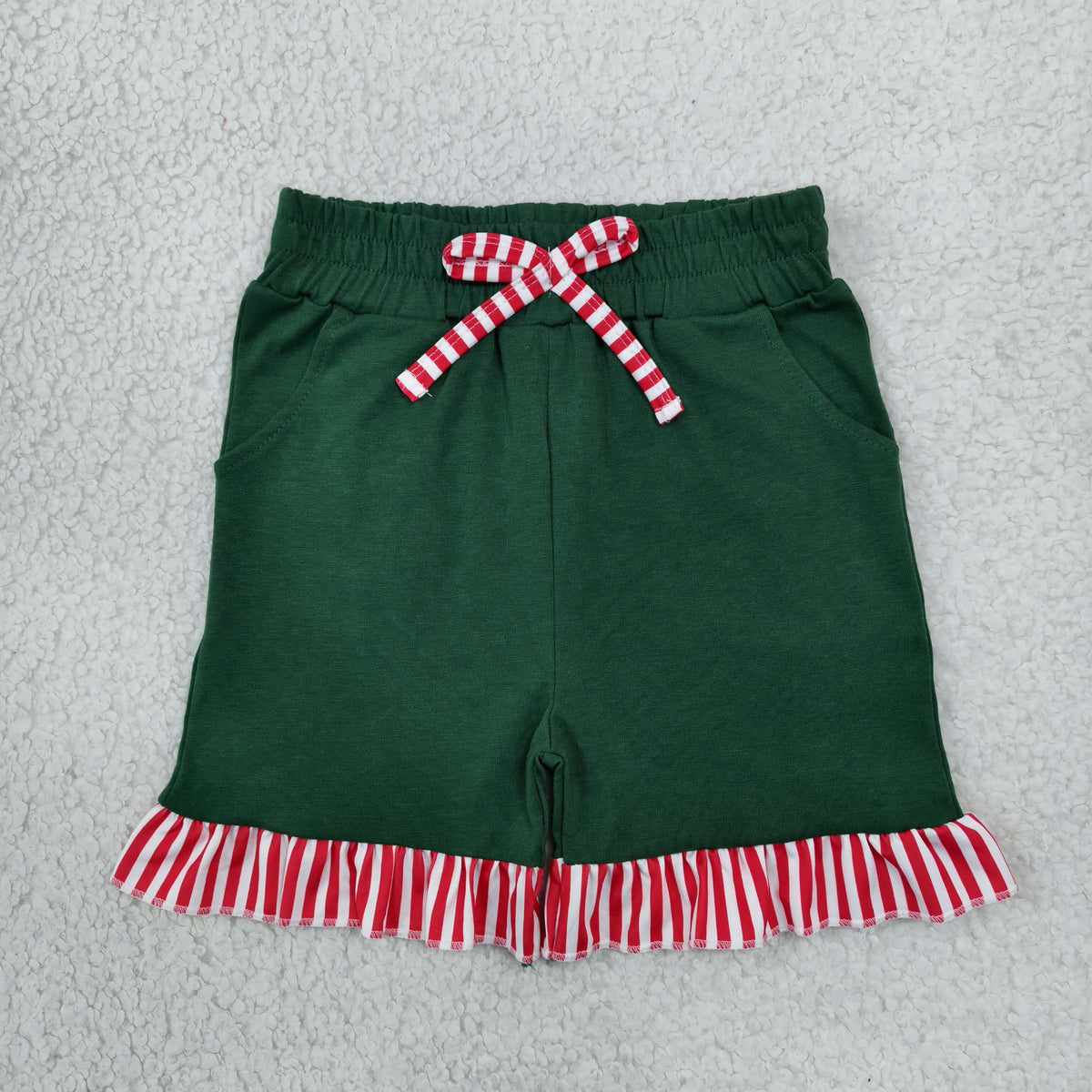 NEW RTS NO MOQ milk silk SS1002 Baby Girls Green Red Stripe Bow Pockets Ruffle Shorts Bottom