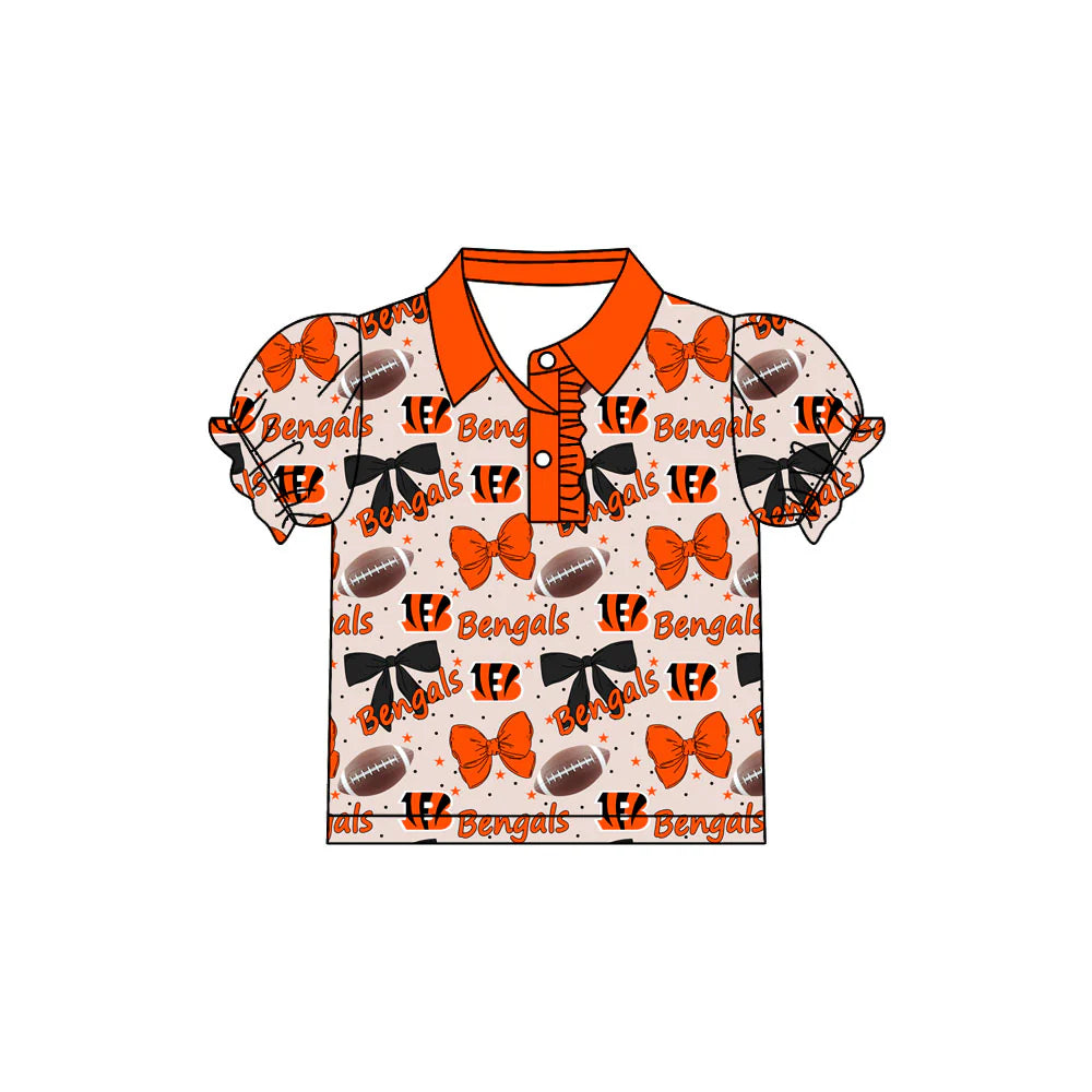 7.30Preorder(moq 5)Baby Girls Bengals Bows Team Short Sleeve Tee Pullovers Polo Shirts Tops