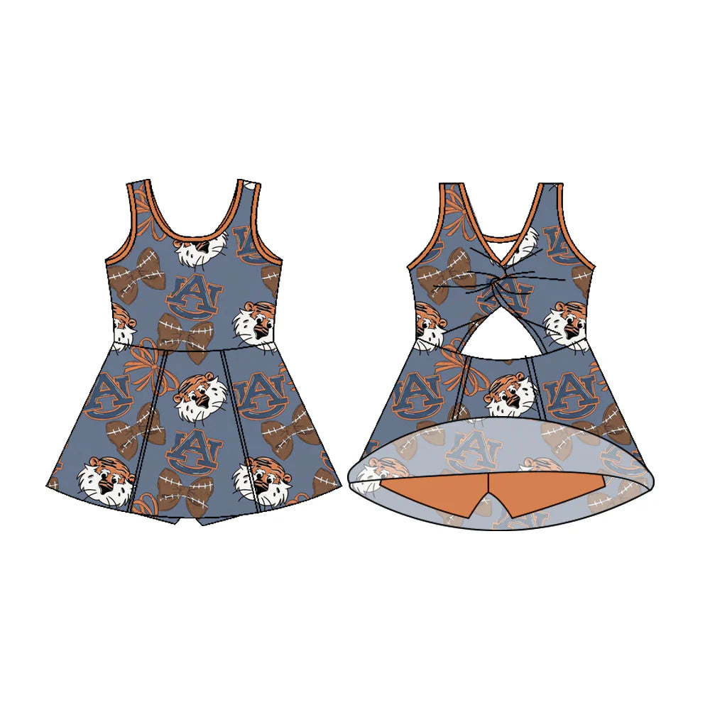 7.22Preorder (moq 5)Baby Girls Sleeveless Football Bows Plaid AU Shorts Team Knee Length Dress