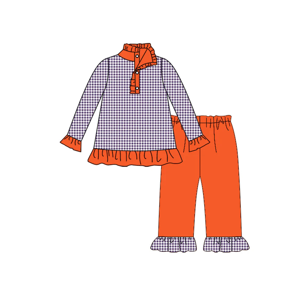 8.8preorder(moq 5) Baby Girls Fall Football Team Purple Checkered Pullover Top Pants Clothing Sets