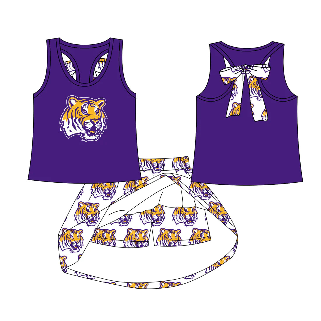 7.29Preorder (moq 5)Baby Girls LSU Tiger bow vest team Top Skirt Skort Sets