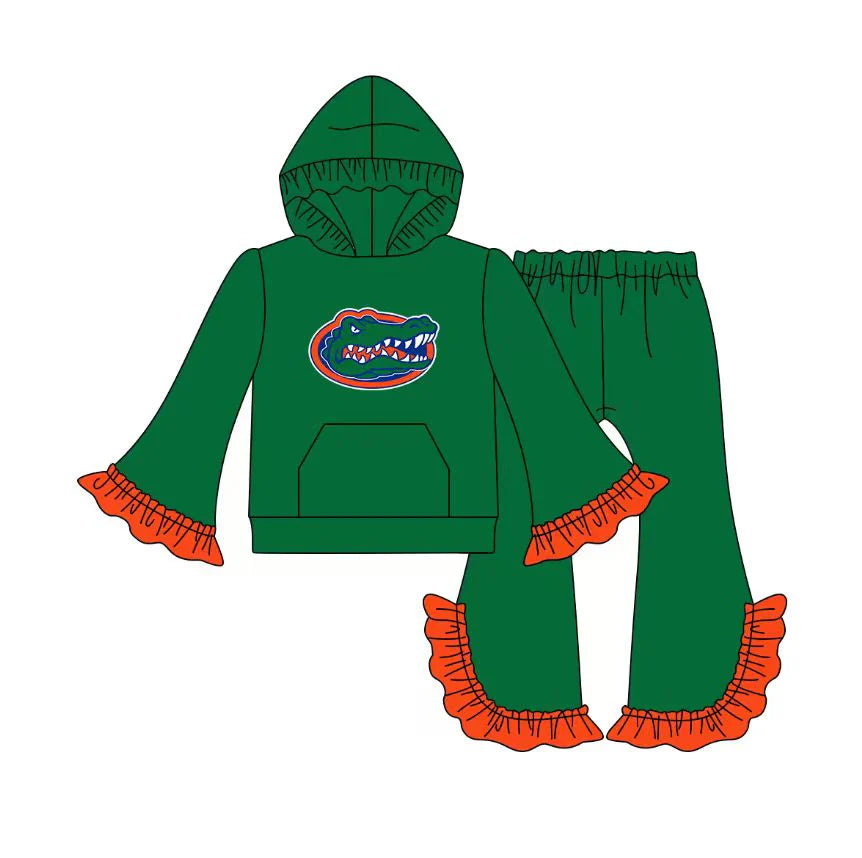 X1.12 Preorder(moq 5)Baby Girls Green Crocodiles Pocket Hoodie Bell Bottom Pants Team Clothes Sets
